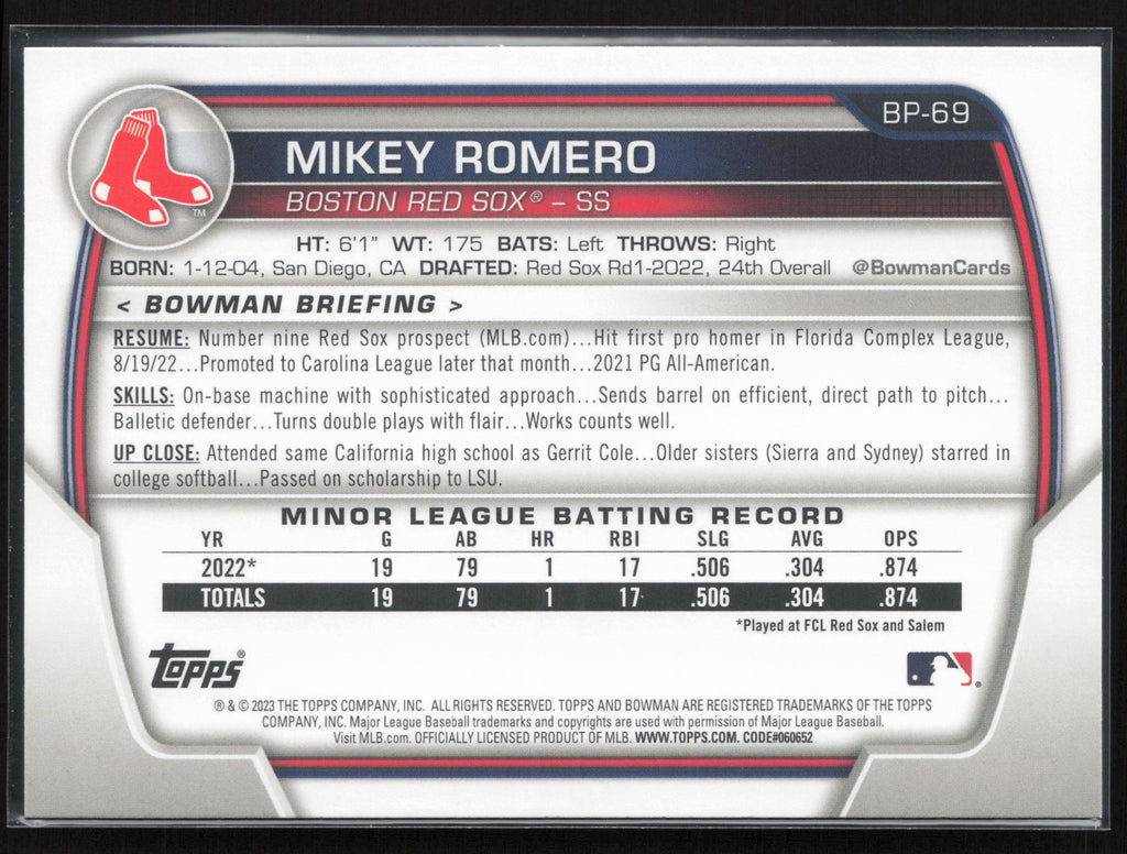 2023 Bowman #BP-69 Mikey Romero Prospects