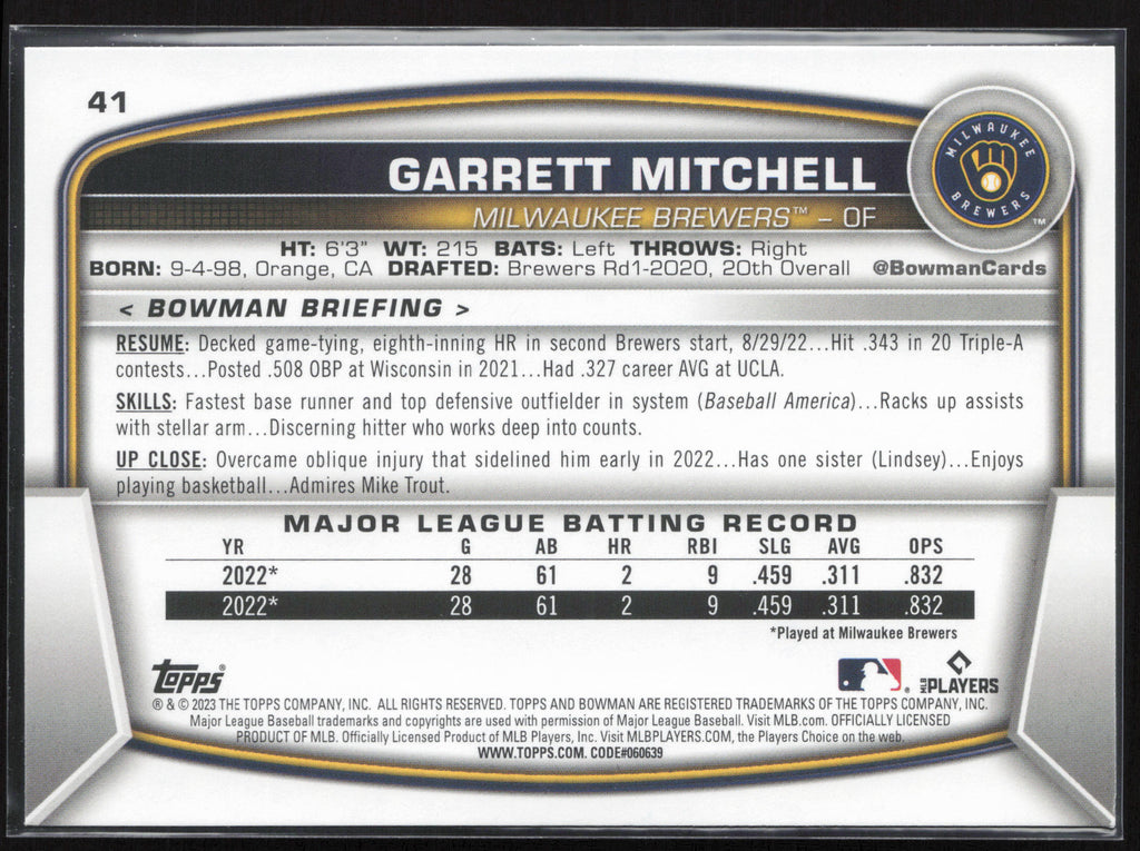 2023 Bowman #41 Garrett Mitchell