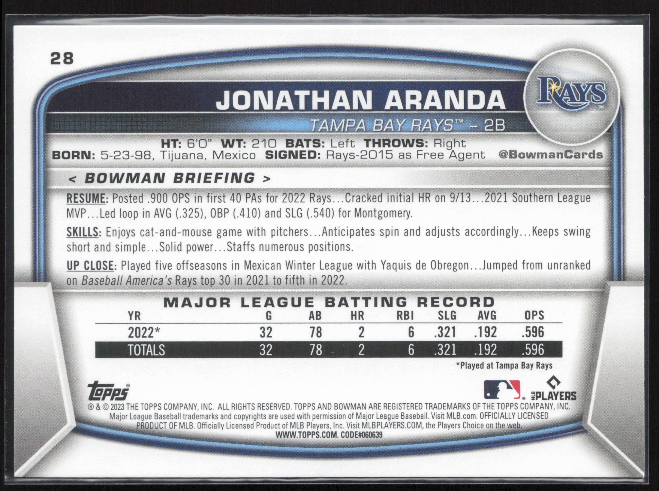 2023 Bowman #28 Jonathan Aranda