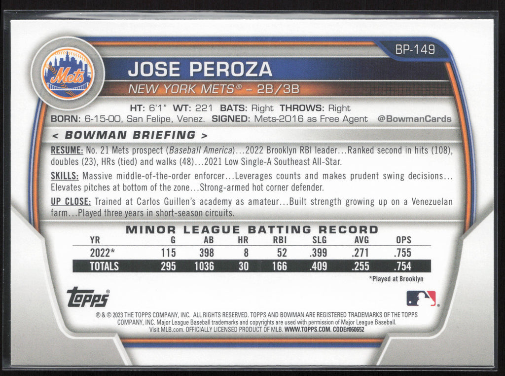 2023 Bowman #BP-149 Jose Peroza Prospects