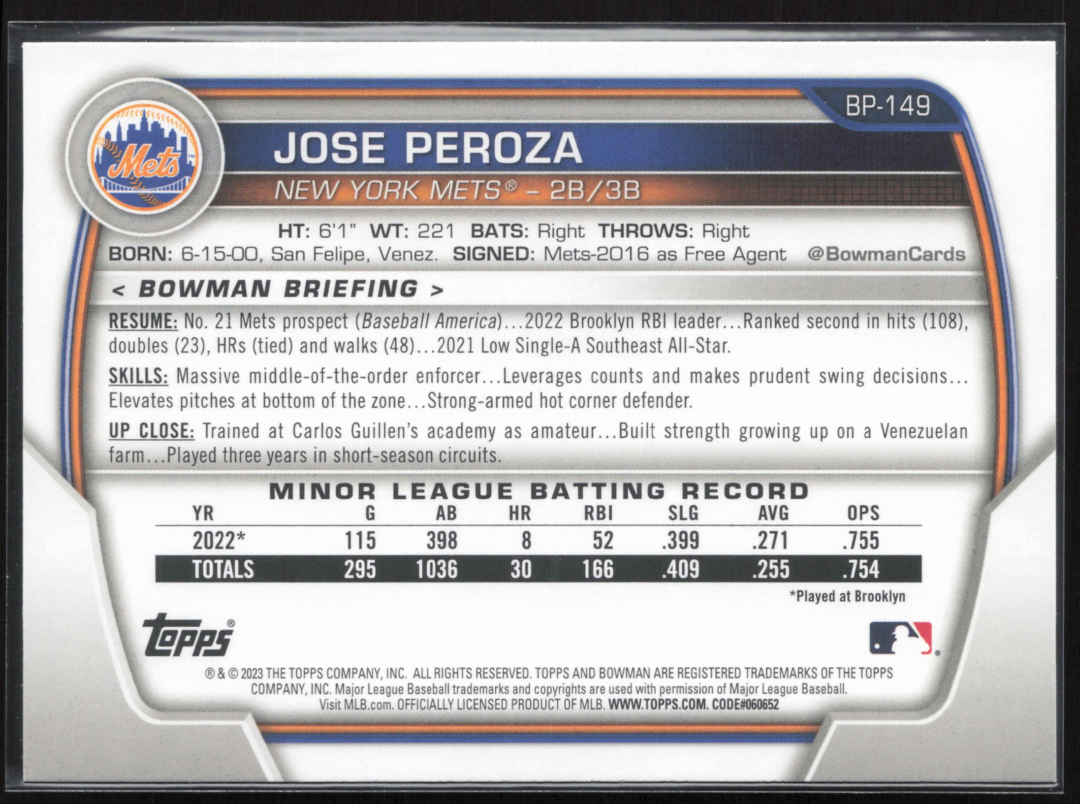 2023 Bowman #BP-149 Jose Peroza Prospects