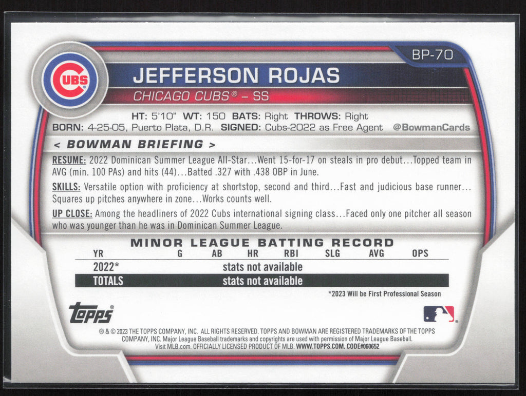 2023 Bowman #BP-70 Jefferson Rojas Prospects