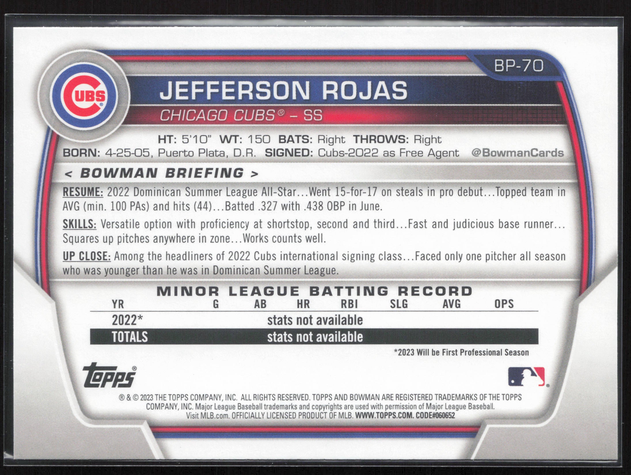2023 Bowman #BP-70 Jefferson Rojas Prospects