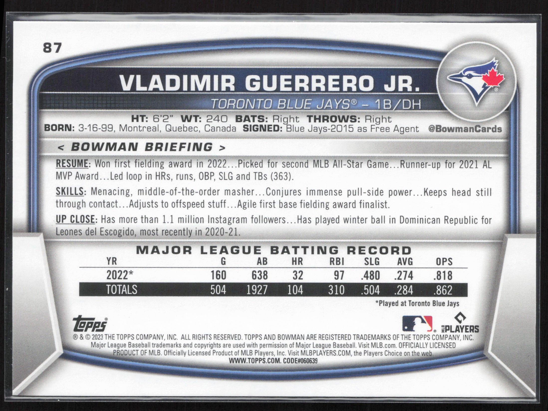 2023 Bowman #87 Vladimir Guerrero Jr.