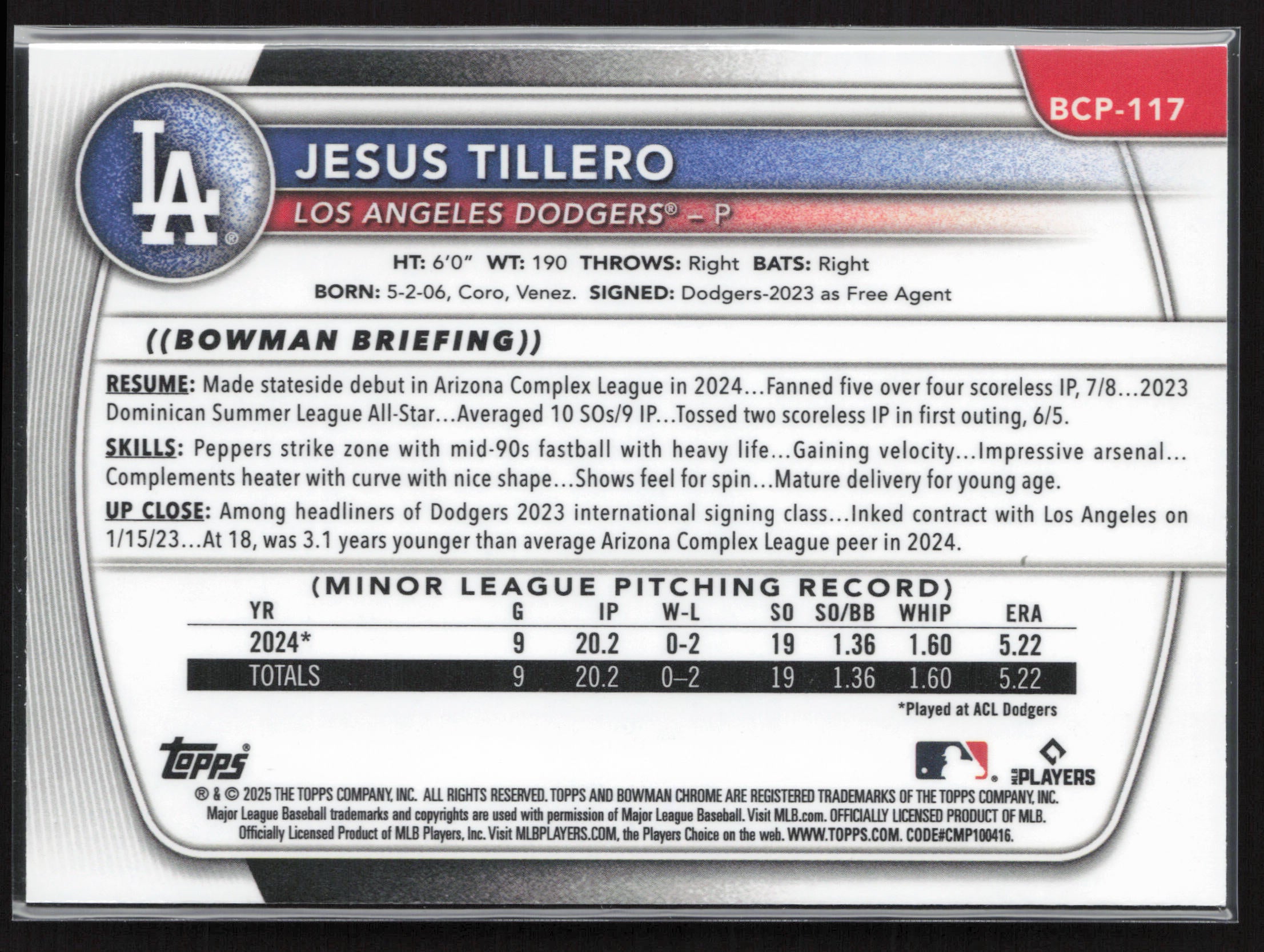 2025 Bowman #BCP-117 Jesus Tillero Chrome Prospects