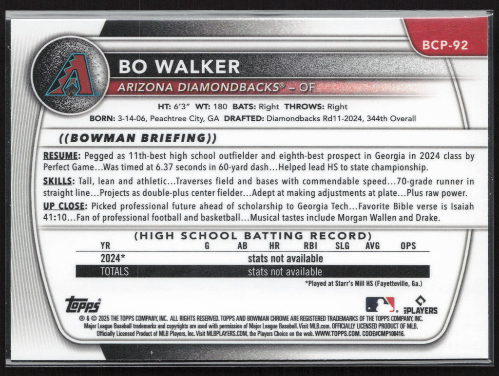 2025 Bowman #BCP-92 Bo Walker Chrome Prospects