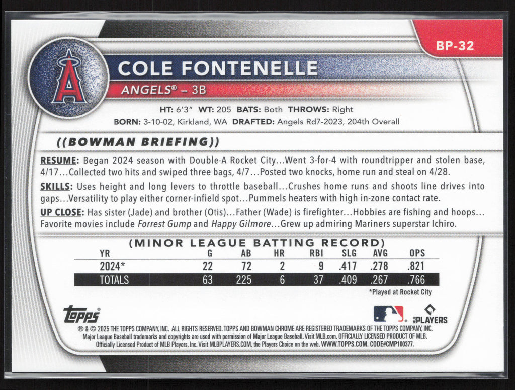2025 Bowman #BP-32 Cole Fontenelle Prospects