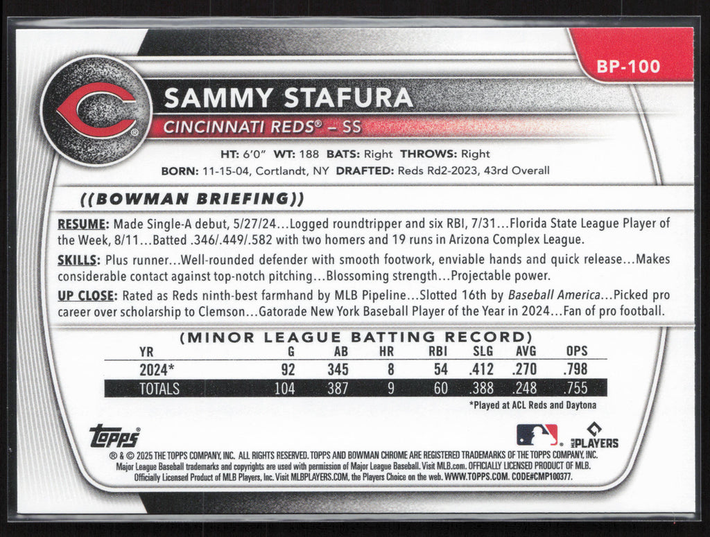 2025 Bowman #BP-100 Sammy Stafura Prospects