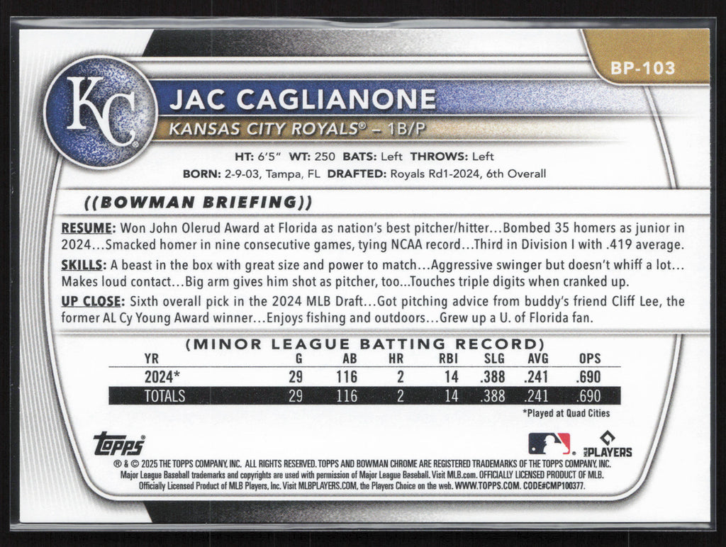 2025 Bowman #BP-103 Jac Caglianone Prospects