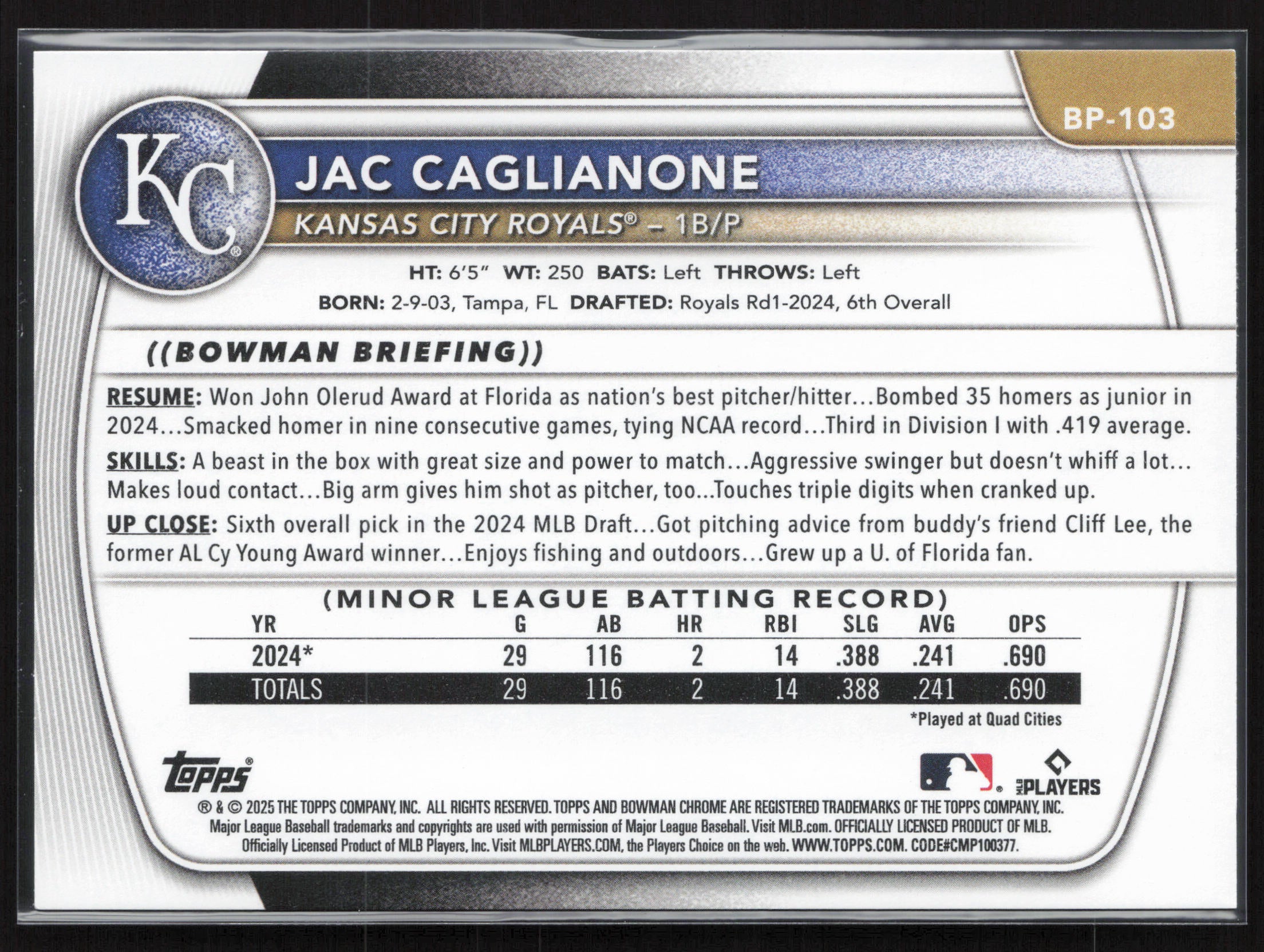 2025 Bowman #BP-103 Jac Caglianone Prospects