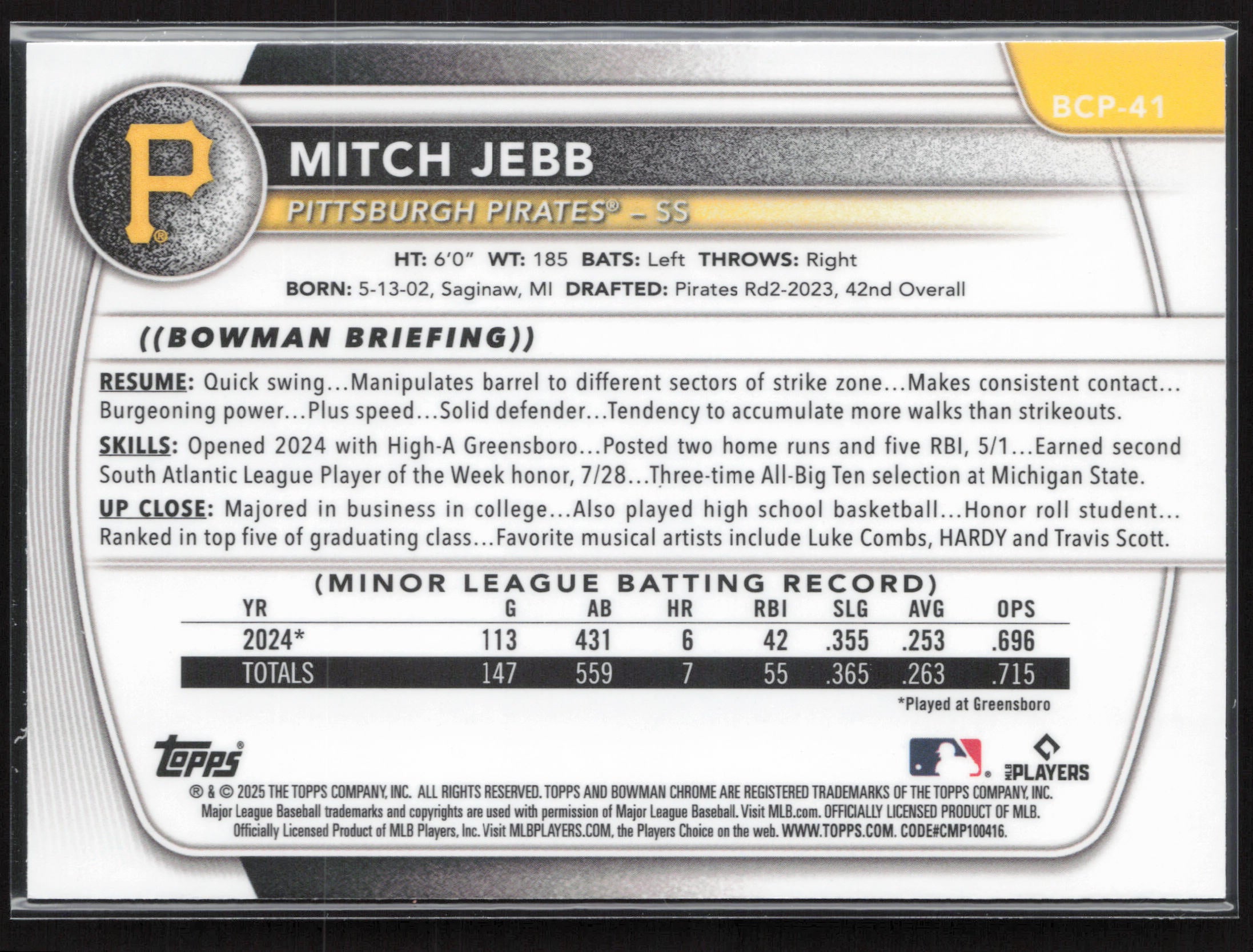 2025 Bowman #BCP-41 Mitch Jebb Chrome Prospects