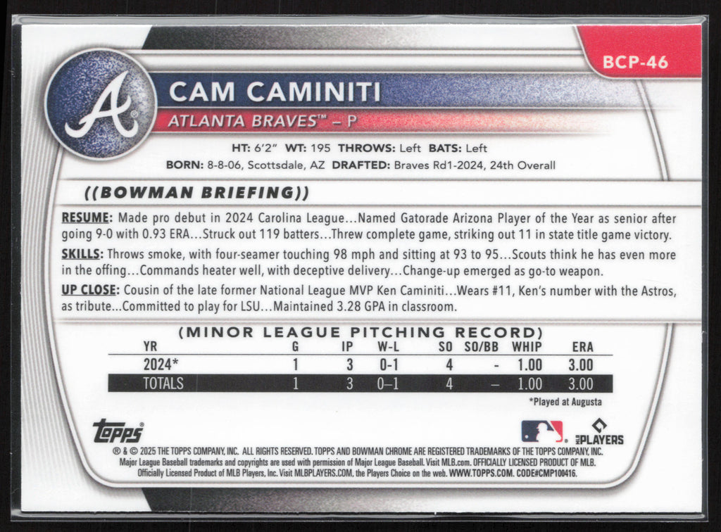 2025 Bowman #BCP-46 Cam Caminiti Chrome Prospects