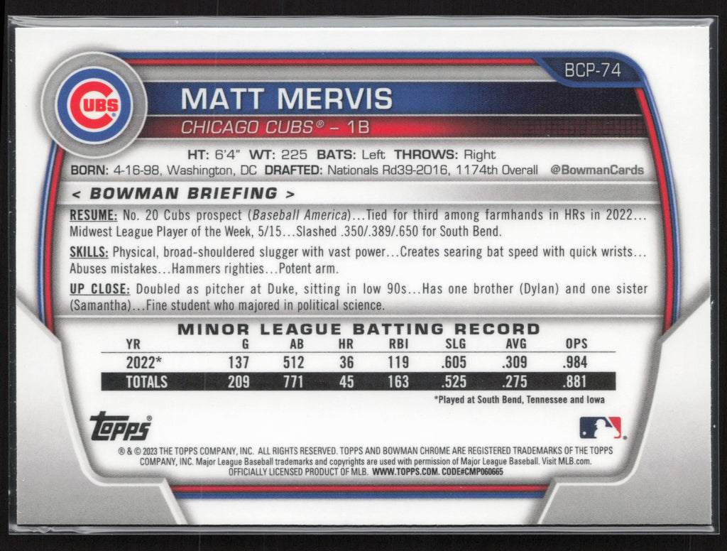 2023 Bowman #BCP-74 Matt Mervis Chrome Prospects