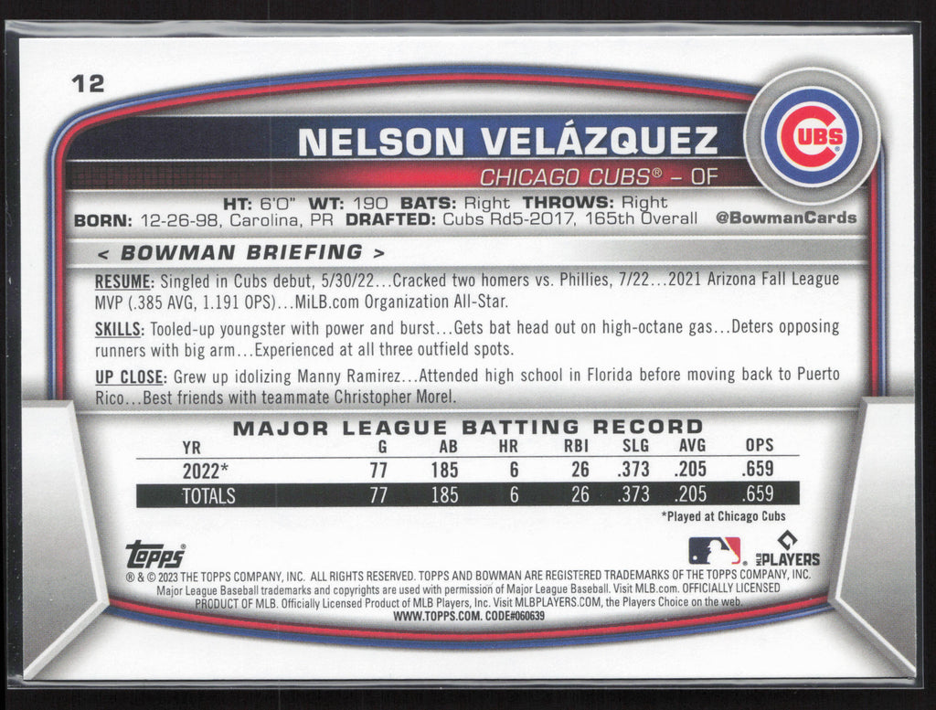 2023 Bowman #12 Nelson Velazquez