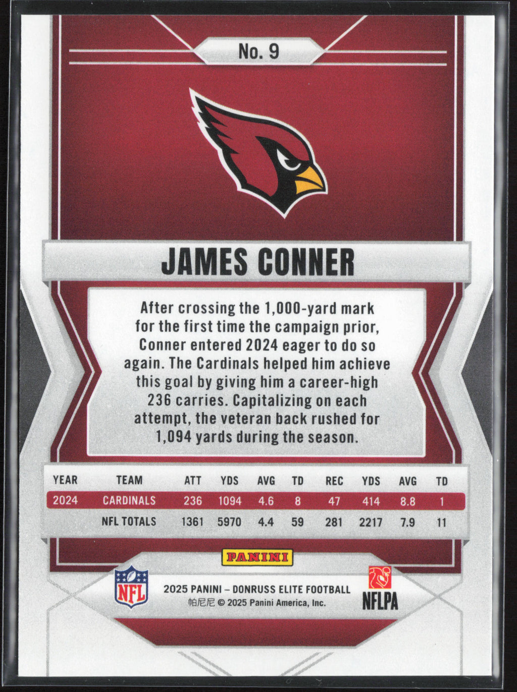 2025 Donruss Elite #9 James Conner Status Metallic Orange #/849