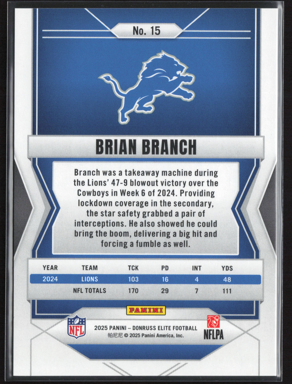 2025 Donruss Elite #15 Brian Branch Lavendar Pyramids #/649