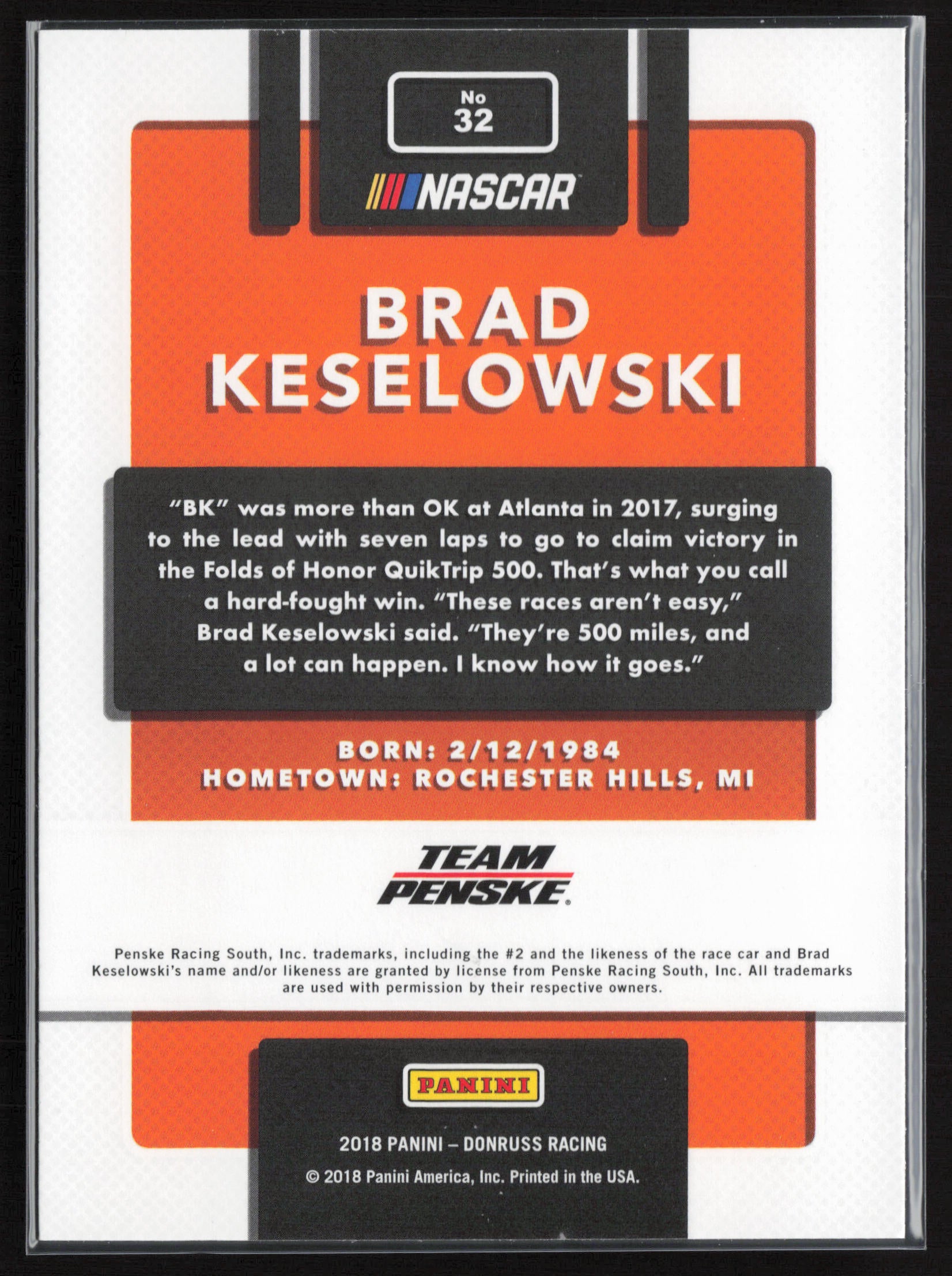 2018 Donruss #32b Brad Keselowski